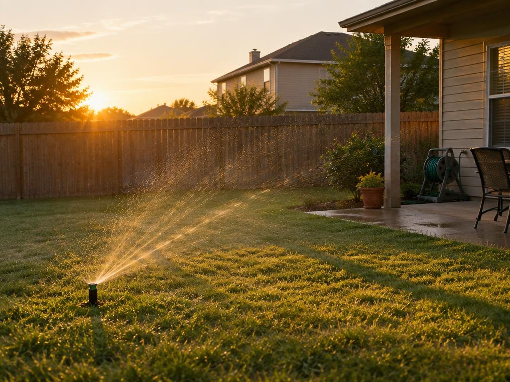 Weather-aware sprinkler system watering a residential backyard