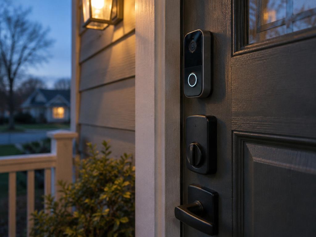 Smart video doorbell and camera at the front door of a Chicago-area home